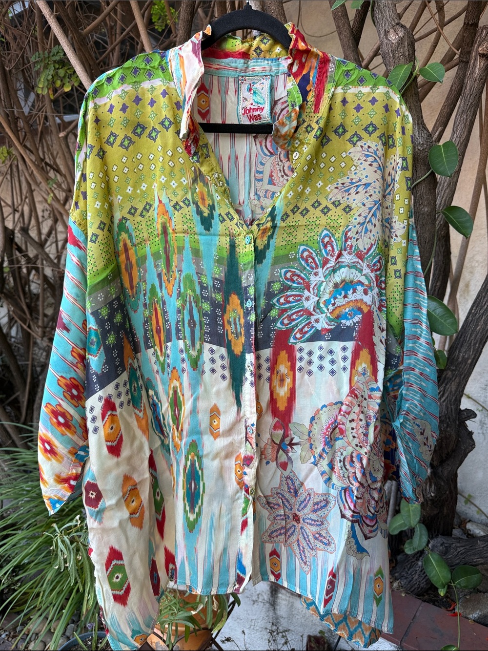 Johnny Was Multicolor Printed Button-Down Blouse in Green, Teal, Red and Cream